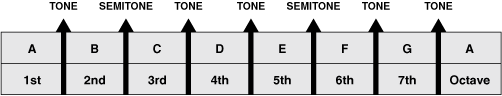 Figure 8. Notes and intervals of A natural minor scale